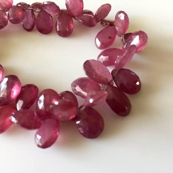 Faceted Glass Filled Ruby Pear Shaped Briolette Beads, Pink Ruby Beads, 8mm to 11mm Beads, 8 Inch Strand