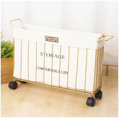 Rolling Laundry Basket, Laundry Basket Iron Wire Laundry Basket w/Rolling Wheels Slim Narrow Laundry Hamper w/Detachable Liner & Handles Space-Saving Dirty Laundry Cart Sorter (GOL