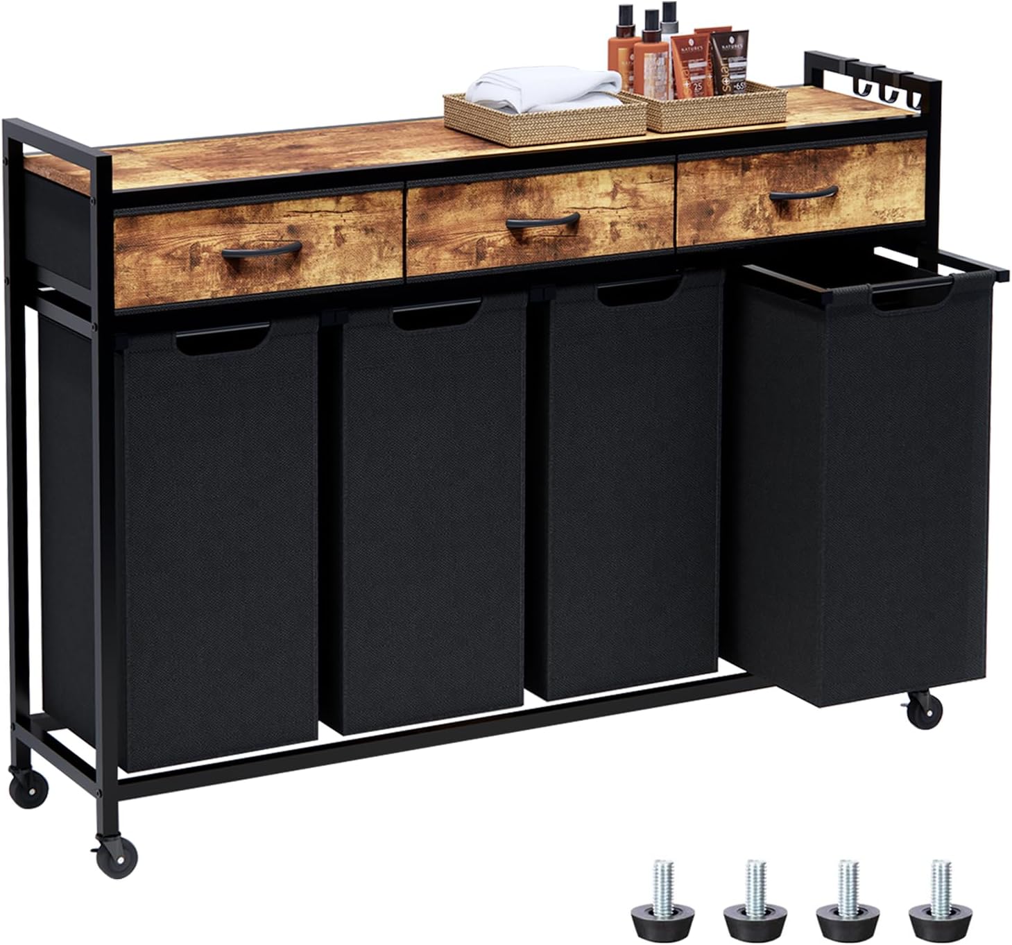Laundry Hamper, Laundry Sorter 4 Sections, Rolling Laundry Basket with Wheels, 3 Drawers, 4 × 14.5 Gal (55 L), Pull-Out and Removable Oxford Fabric Bags, Black and Rustic Brown