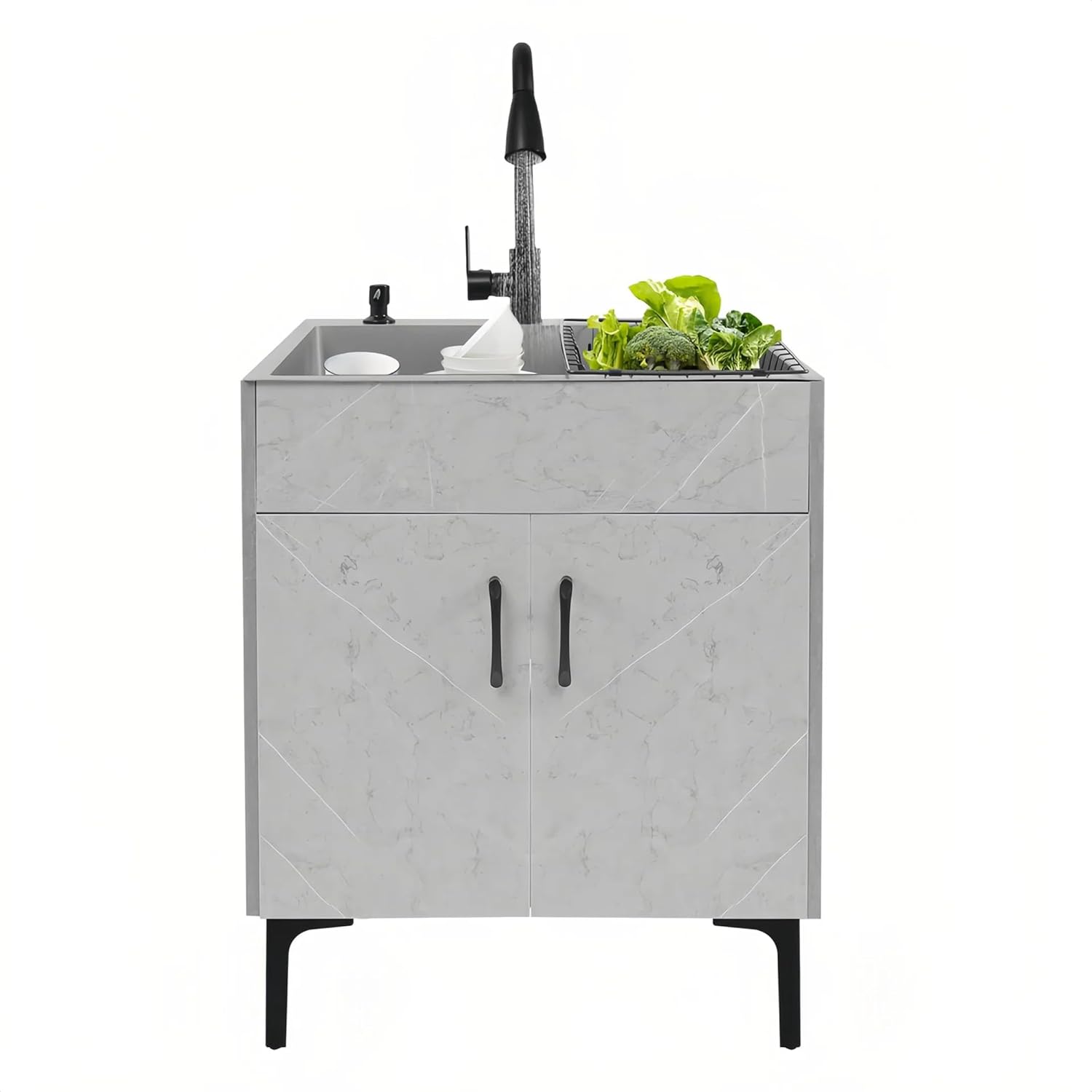 24-Inch Laundry Sink with Cabinet & Pull-Out Sprayer Fauct, Freestanding Kitchen Sink Cabinet with Stainless Steel Sink & Drain Basket, Grey Cabinet with Sink for Laundry&Utility Room, Restaurants