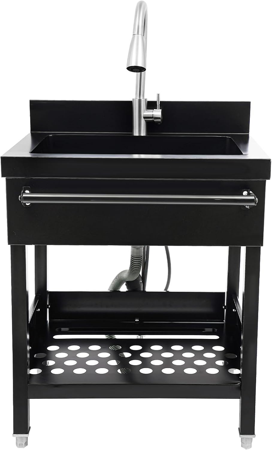 Stainless Steel Utility Sink, Free Standing Single Bowl Kitchen Sink with Pull-Out Cold/Hot Faucet, Storage Shelf & Splashback, Large Utility Sinks for Laundry, Garage 25.8 * 20.3 * 33.8in