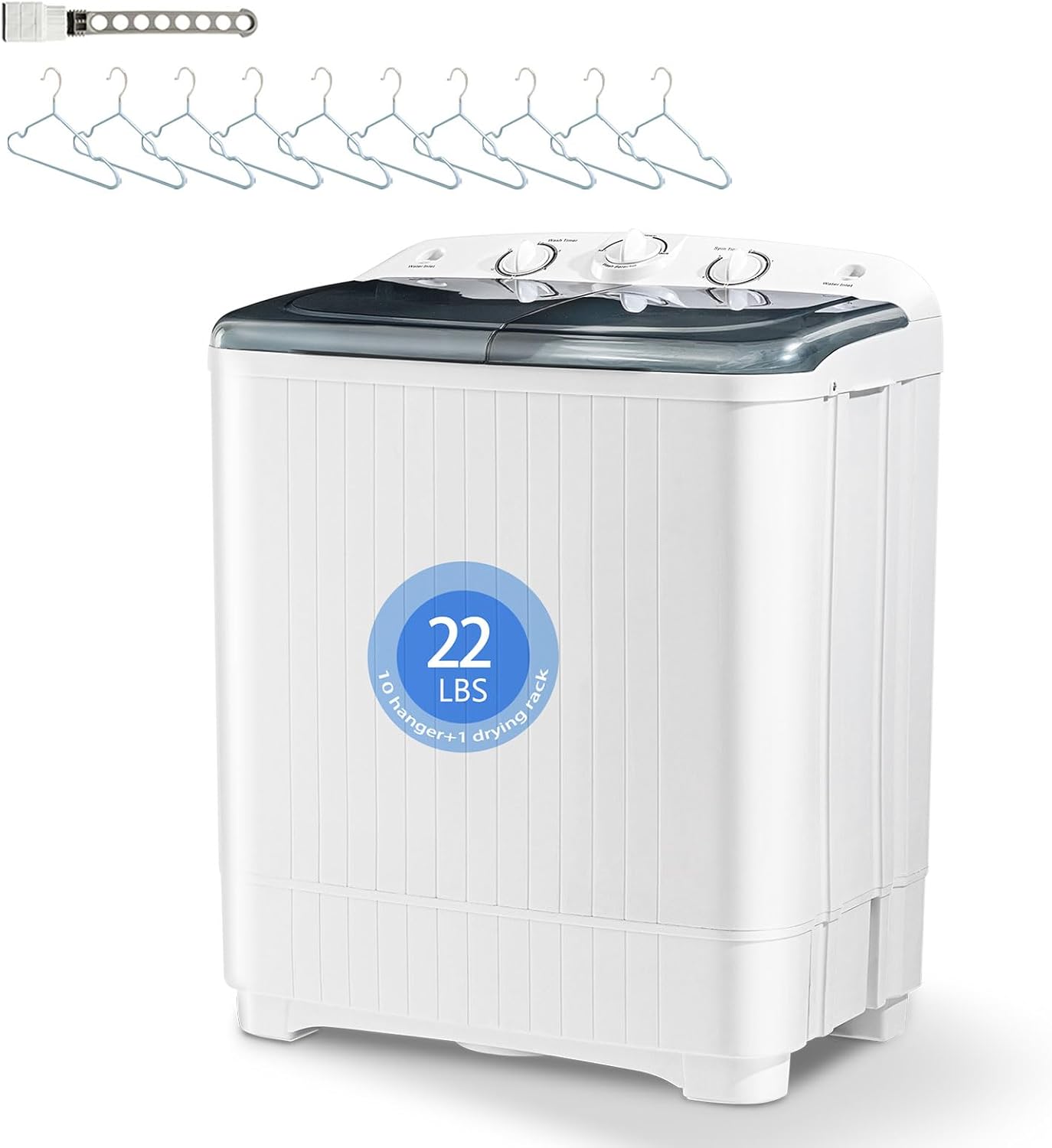 Portable Washing Machine, 22lbs Twin Tub (13+9lbs Washer/Spinner) with 10 Hangers and Drying Rack, for Powerful Stain Removal, Semi-Automatic Compact Washer for Dorms, Apartments, RVs(Black)