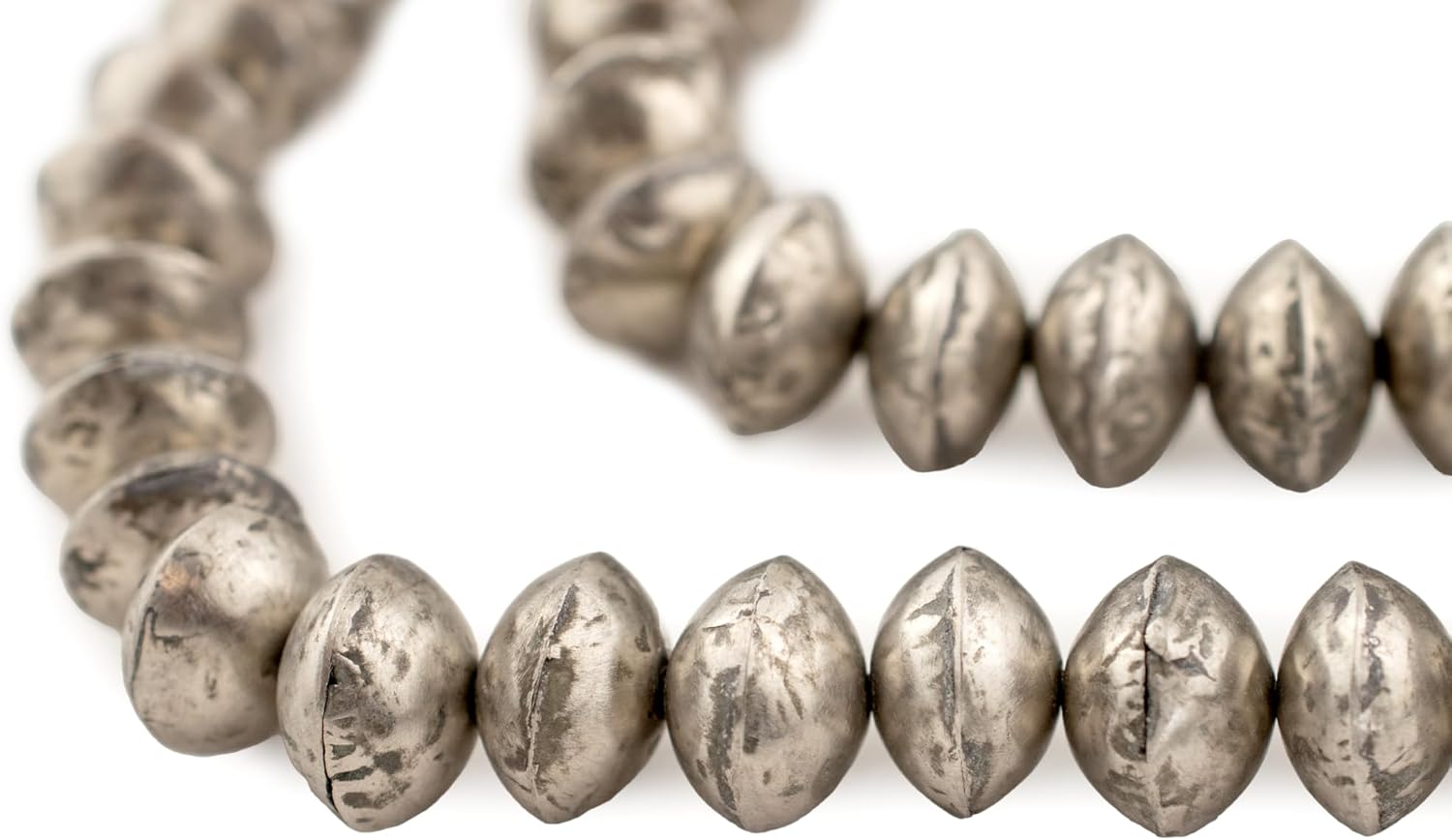 The Bead Chest Mali Silver Bicone Beads - Full Strand of African Metal Saucer Spacer Beads (11x16mm)