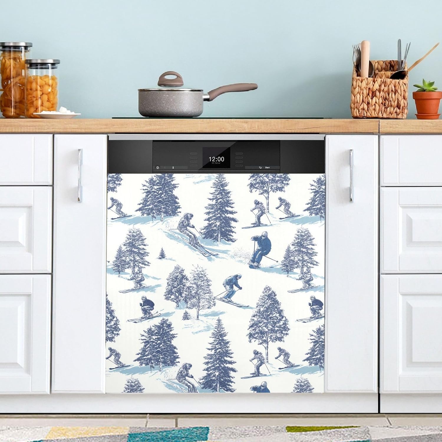 Pfrewn Christmas Winter Magnetic Dishwasher Cover Winter Sports Snowboarders and Skiers (3) Fridge Door Covers Kitchen Decal Vinyl Panel Decorative Refrigerator Laundry Appliances 23x26in