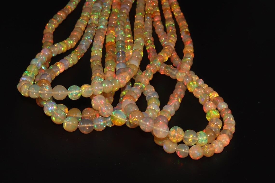 AAA+ Welo Ethiopian Opal Beads Strand – Natural Smooth Round Yellow Fire Opal – 4-8mm Plain Beads for Jewelry Making – 13” Full Strand