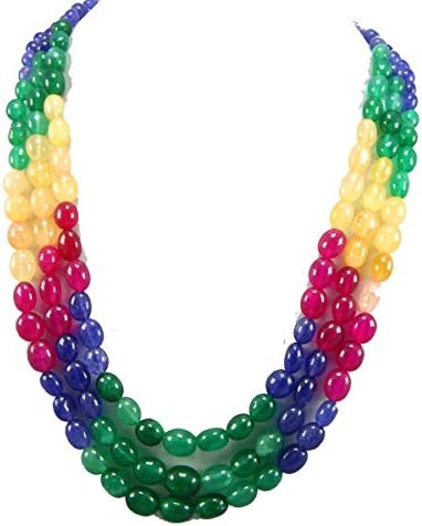 3 Strand necklace 6x7-9x11 MM Smooth sapphite Quartz beads multi sapphire oval Beaded Necklace 17 INCH