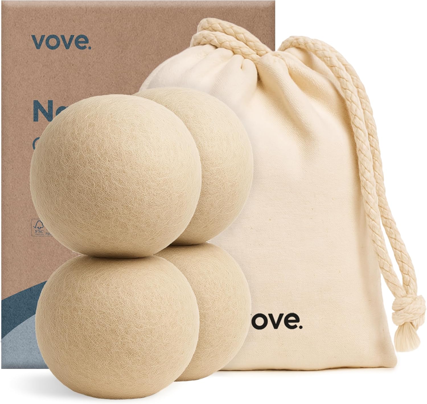 Vove Natural Hemp Dryer Balls - 4 Pack, 5X More Absorbent Than Wool - Cuts Drying Time up to 35%, Natural Fabric Softener, Reduces Wrinkles and Static, Reusable, Hypoallergenic, Eco Friendly