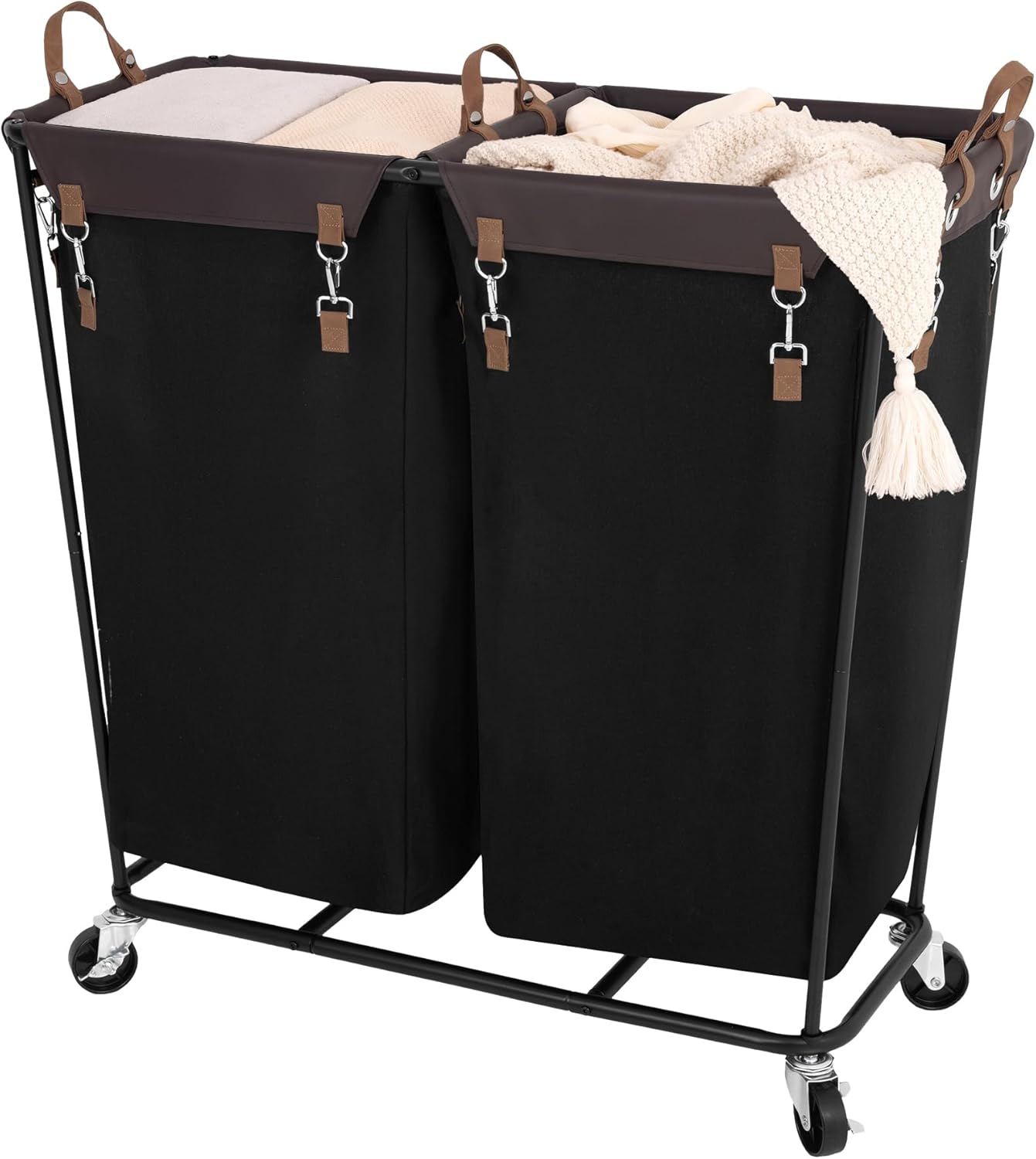 StorageWorks 390L Extra Large Lanudry Hamper with Wheels, Laundry Basket with Wheels 2 Sections, Clothes Sorter Cart with Divider for Hotel, Home, Black, 1-Pack
