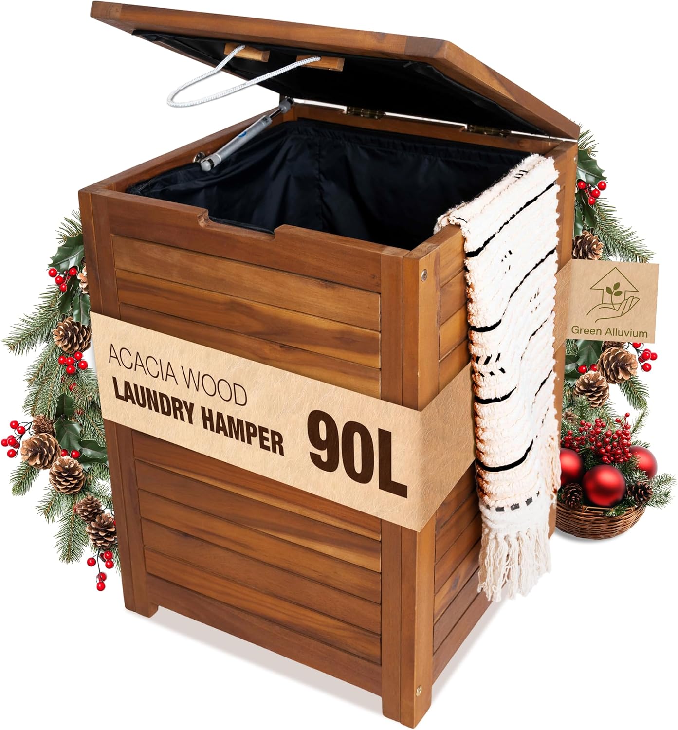 Wooden Laundry Hamper With Lid, Handles And Removable Liner Bag, Tall 90L - Large Wood Laundry Basket - Dirty Clothes Hamper For Bed Room Aesthetic, Bathroom, Laundry Room