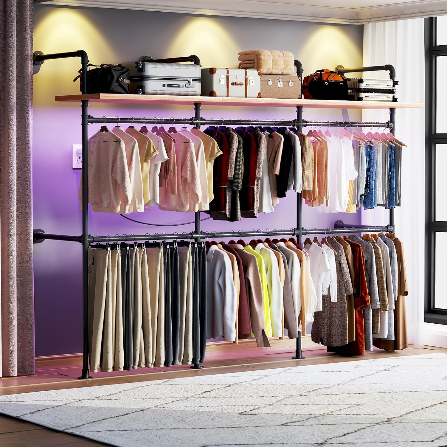 Industrial Pipe Clothing Rack, Reversible 118.3'' Clothes Rack for Hanging Clothes, Black Wall Clothing Rack Wall Mounted Rack for Walk-in Closet, Laundry Room or Retail Display (丨丨丨-with board)