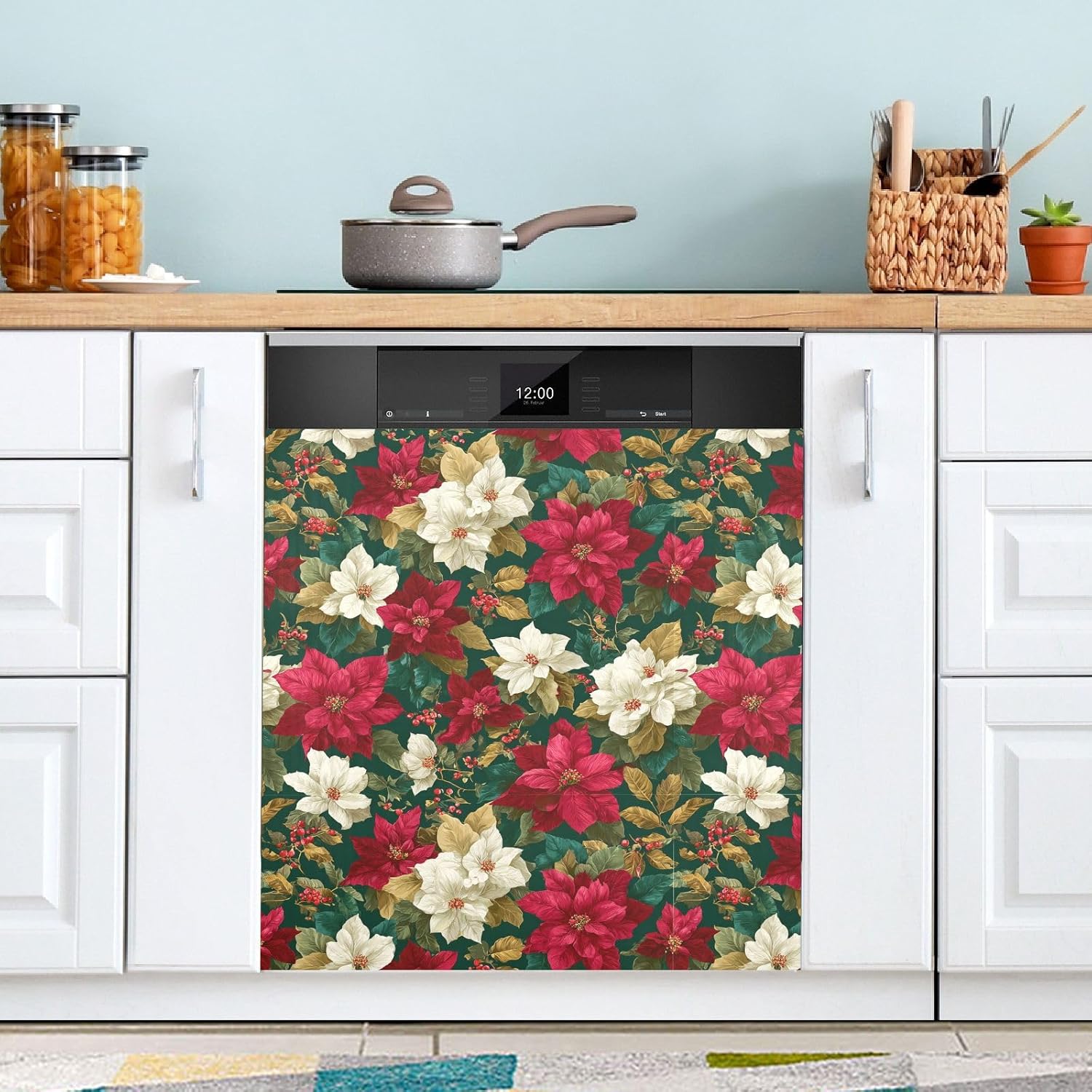 Pfrewn Christmas Winter Magnetic Dishwasher Cover Red White Poinsettias Holly Leaves (9) Fridge Door Covers Kitchen Decal Vinyl Panel Decorative Refrigerator Laundry Appliances 23x26in