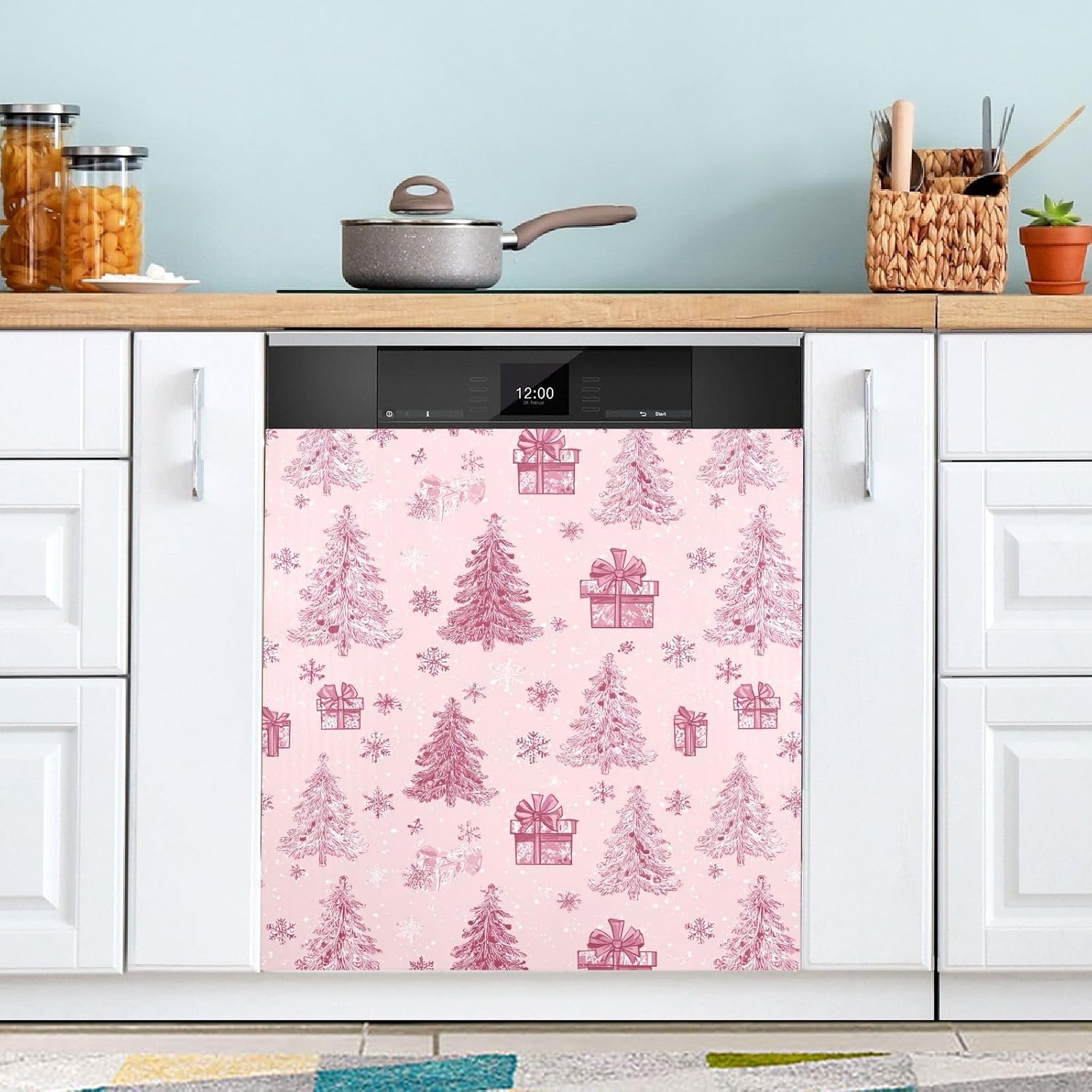 Pfrewn Christmas Winter Magnetic Dishwasher Cover Pink Christmas Tree Ornaments Snow (4) Fridge Door Covers Kitchen Decal Vinyl Panel Decorative Refrigerator Laundry Appliances 23x26in