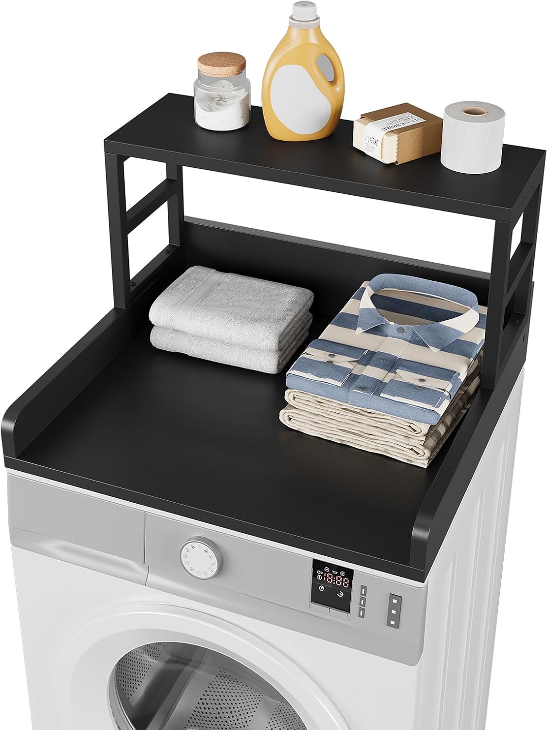Washer Dryer Countertop with Shelf, 27.5″D x 27.5″W x 16.7″H, Countertop for Washer and Dryer Top with Non-Slip Pads and Edge Rails, Laundry Room Storage and Organization(Black)