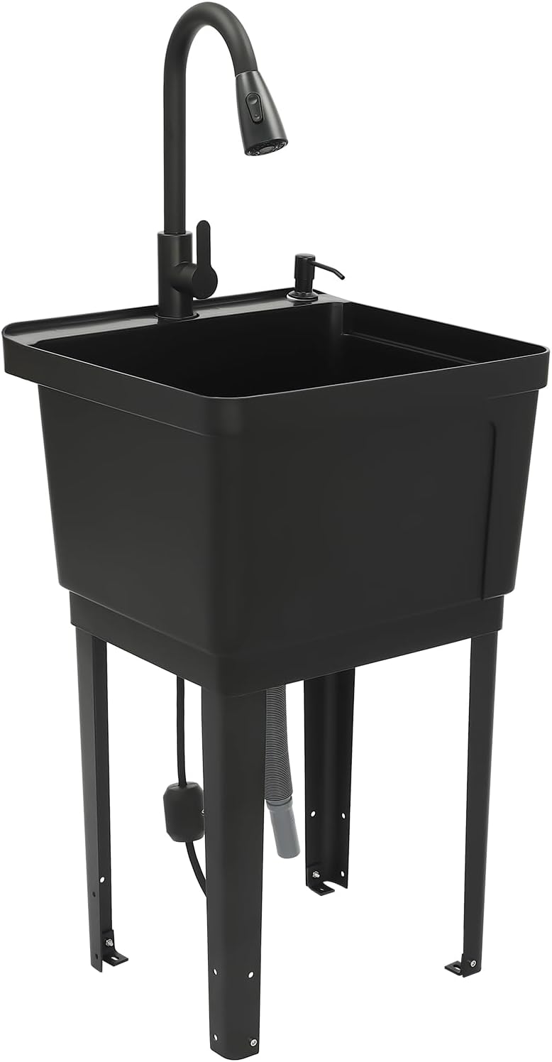 Freestanding Plastic Laundry Sink, Commercial Utility Sink Laundry Tub Wash Station w/Pull-out Faucet&Drain Pipe, Floor Mount Slop Sink Outdoor Utility Tub for Laundry Room, Garage (Black)
