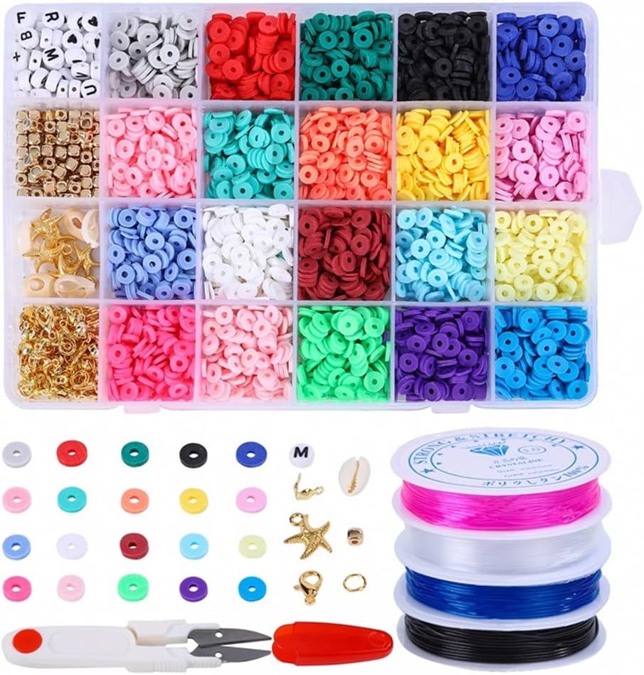 4270 Pcs Clay Beads 6mm 20 Colors Flat Round Polymer Clay Spacer Beads with Pendant Charms Kit and 4 Roll Elastic String (Color : A, Size : One Size)
