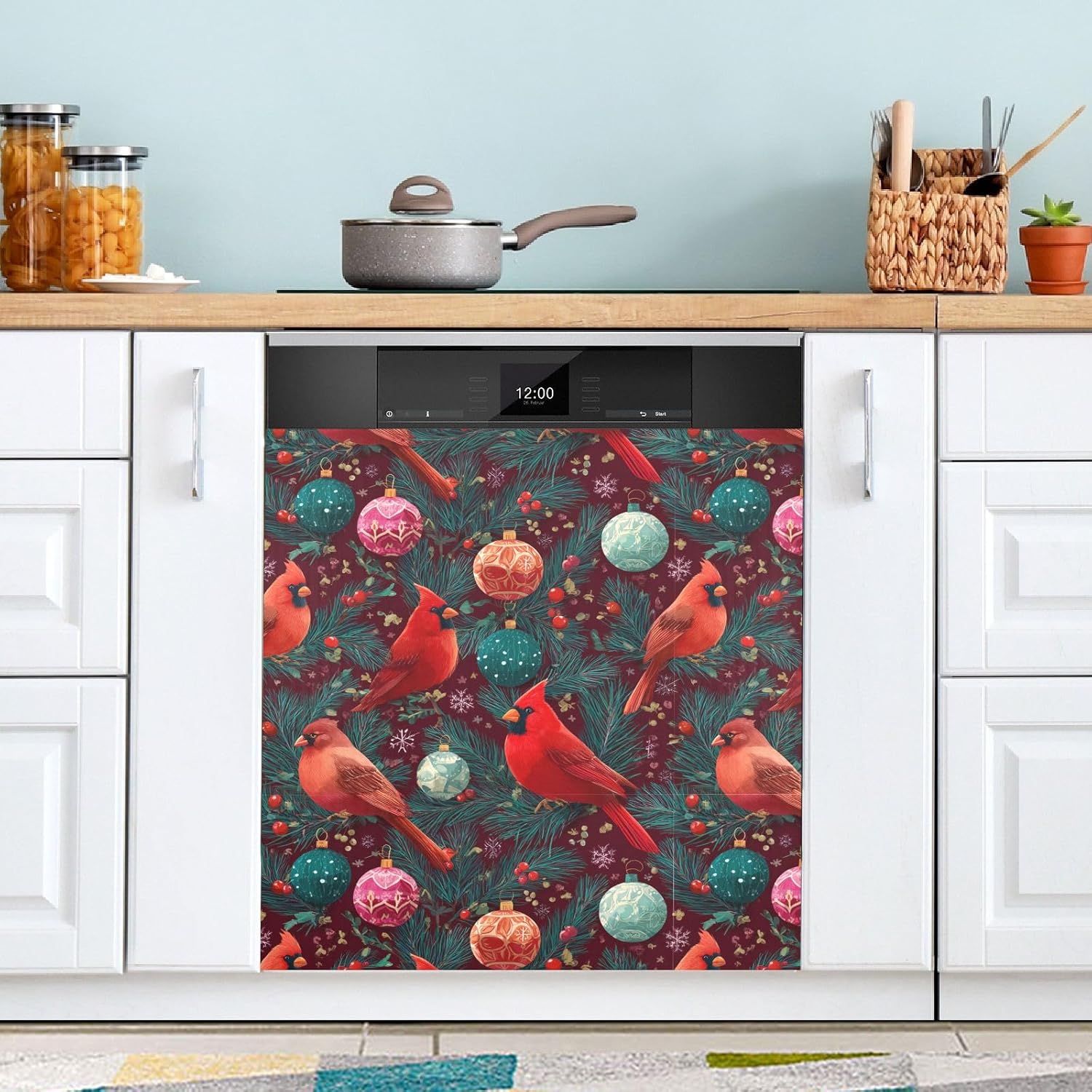 Pfrewn Christmas Winter Magnetic Dishwasher Cover Red Cardinals Christmas Ornaments Branch (2) Fridge Door Covers Kitchen Decal Vinyl Panel Decorative Refrigerator Laundry Appliances 23x26in