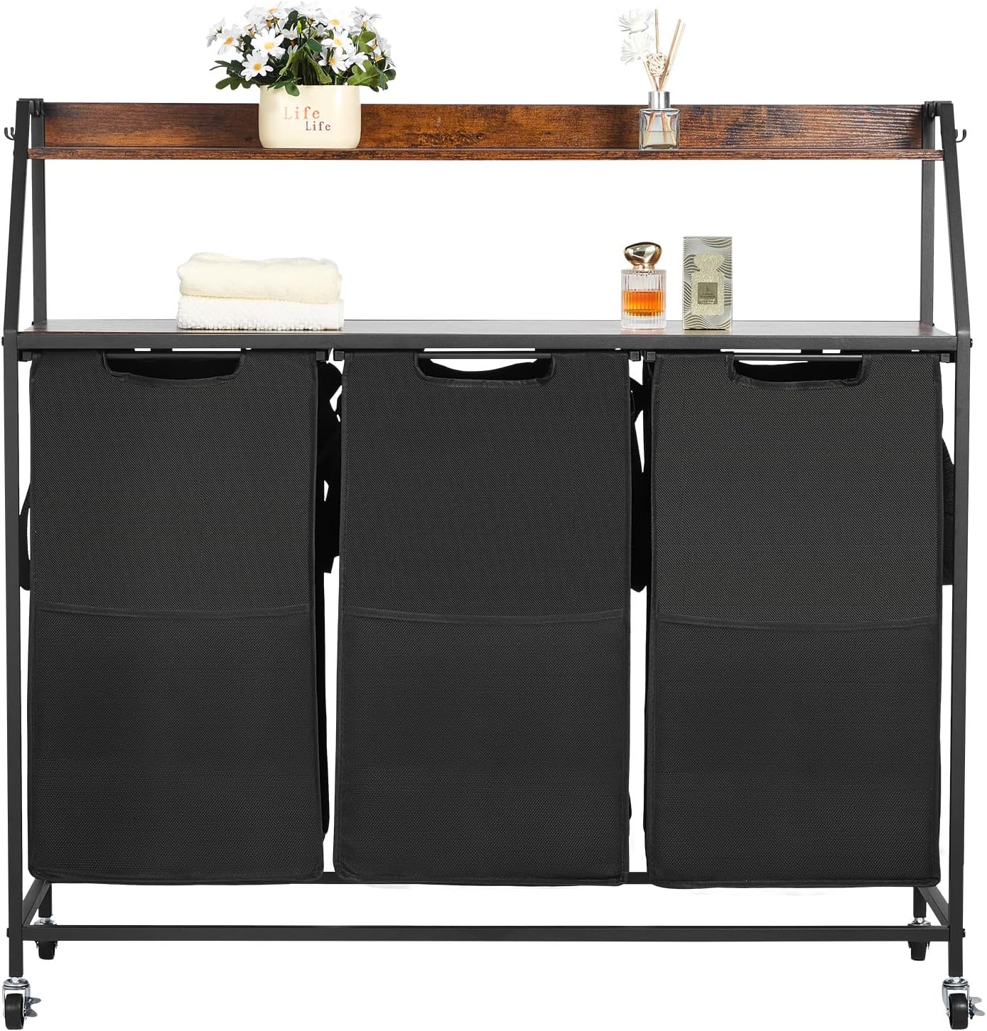 VEVOR 2 Tiers Laundry Sorter, Tall Laundry Hamper with Metal Frame and Wooden Tabletop, 3 Section Rolling Basket Organizer Storage with Ladder Shelves and 600D Oxford Cloth Bags for Dirty Clothes