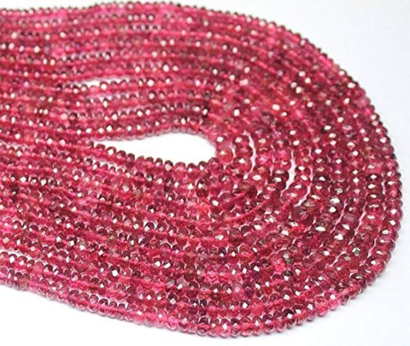 Kashish Gems & Jewels 5 Strands Bunch Rubellite Tourmaline Smooth Rondelle Beads Natural Gemstone Plain Center Drill Beads Line | Rubellite Beads | 5x2 to 3x2 mm