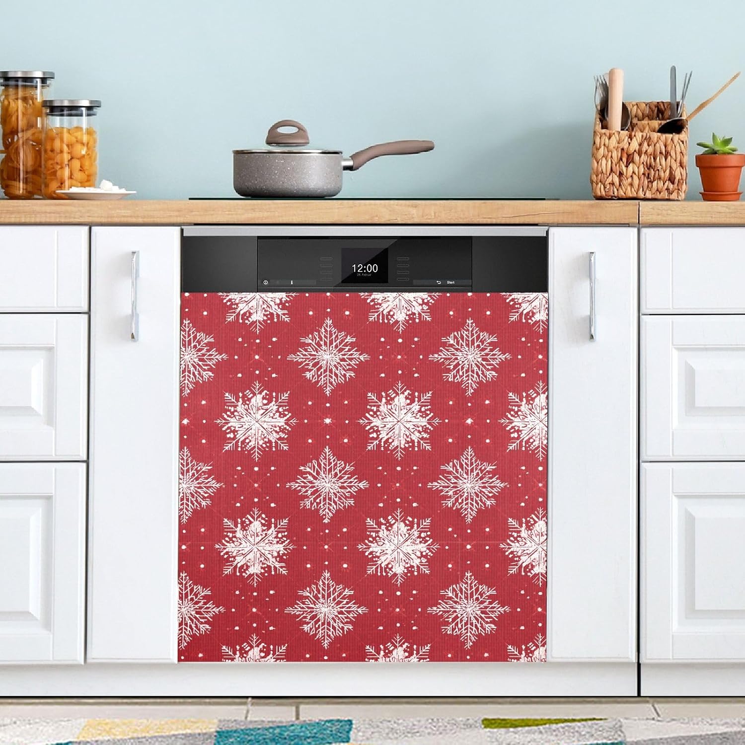 Pfrewn Christmas Winter Magnetic Dishwasher Cover Red Gold Snowflakes Christmas Flowers (3) Fridge Door Covers Kitchen Decal Vinyl Panel Decorative Refrigerator Laundry Appliances 23x26in