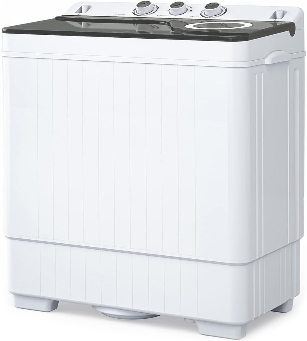 Compact Twin Tub Washing Machine, Anpuce Portable Mini Washer Portable Laundry Washer w/Wash and Spin Cycle Combo Built-in Drain Pump/Semi-Automatic 26lbs Capacity for Camping, Apartments, Dorms, College Rooms, RV’s, White&Gray