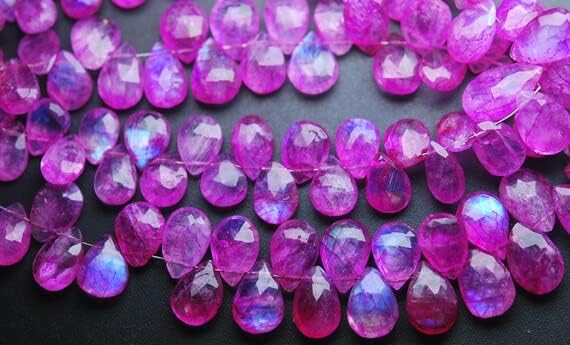8 Inch Strand,Super Finest,Pink Rainbow Moonstone Faceted Pear Shape,8-11mm Size,
