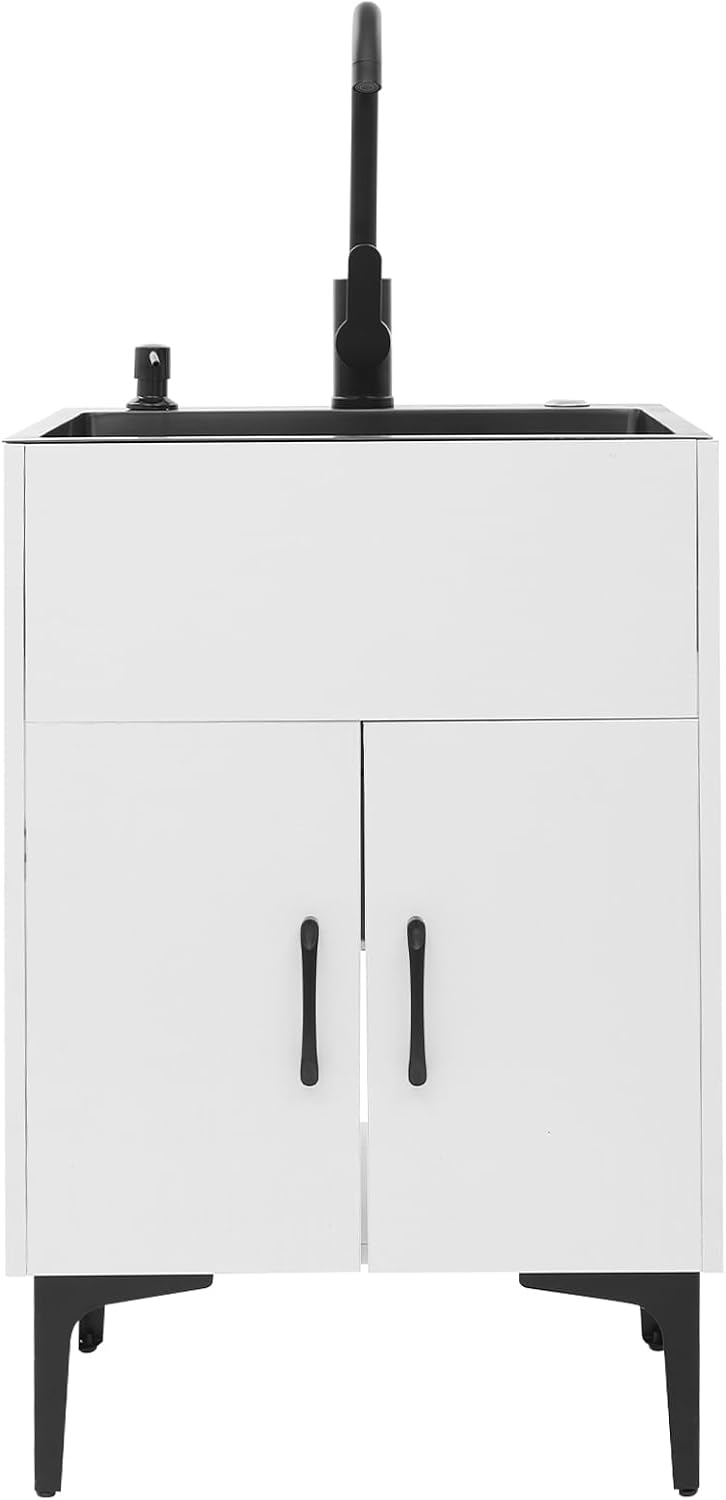 20 Inch Laundry Sink with Cabinet and 360°Swivel Faucet, Utility Sink with Cabinet, Stainless Steel Sink, Laundry Sink for Laundry Room, Kitchen, Bathroom, White, 19.69''×15.75''×30.7''