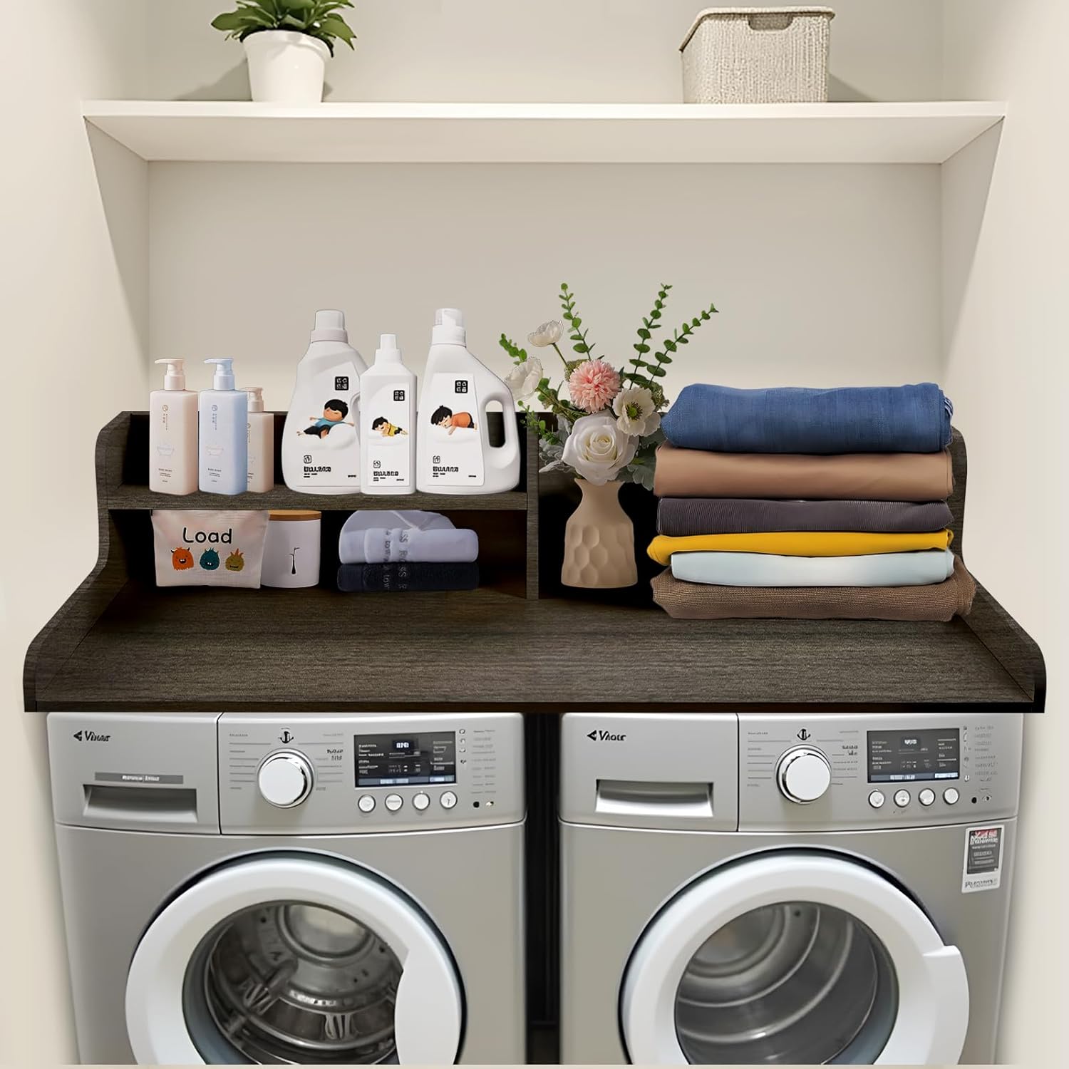 MINGRUIYUWasher Dryer Countertop Shelf – Extra-Wide 2-Tier Laundry Organizer, Over-Washer Storage Topper with Protective Edge Dark Gray Natural Wood 58