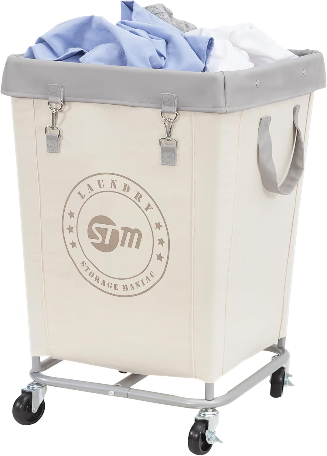 STORAGE MANIAC Commercial Laundry Hamper with Heavy Duty Steel Frame, 160 L Industrial Laundry Basket Cart with Wheels for Hotel, Home, Laundry Room, 17.72''L x 17.72''W x 30.91''H, Medium Beige