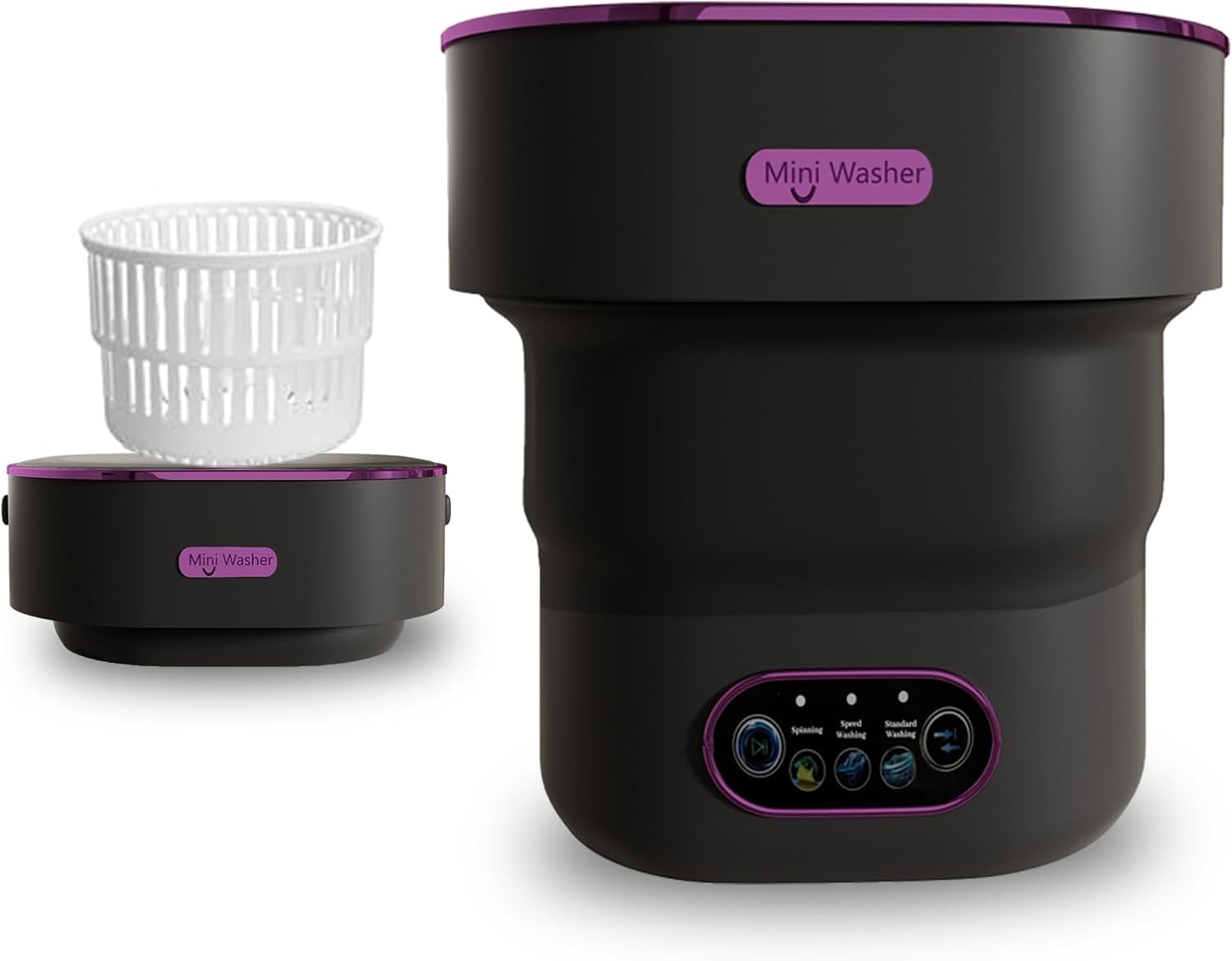 Portable Washing Machine, 15L Mini Collapsible Washer with 3 Cleaning Modes for Baby Clothes, Underwear, Small Foldable Laundry for Travel Apartment Home Dorm Hotel Camping (Black+Purple)