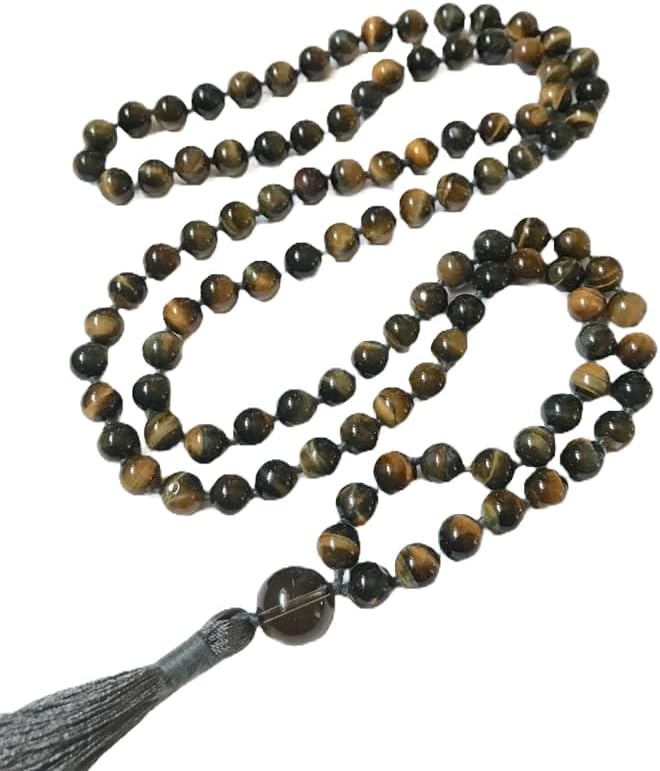Natural Tiger's Eye,Smoky Quartz 8mm-14mm 108 Mala Beads, Spiritual, Meditation Beads, Reiki, Japa Mala, Buddhist Prayer Beads, Yoga Bracelet, healing beads LKMALA-RRGU-1012