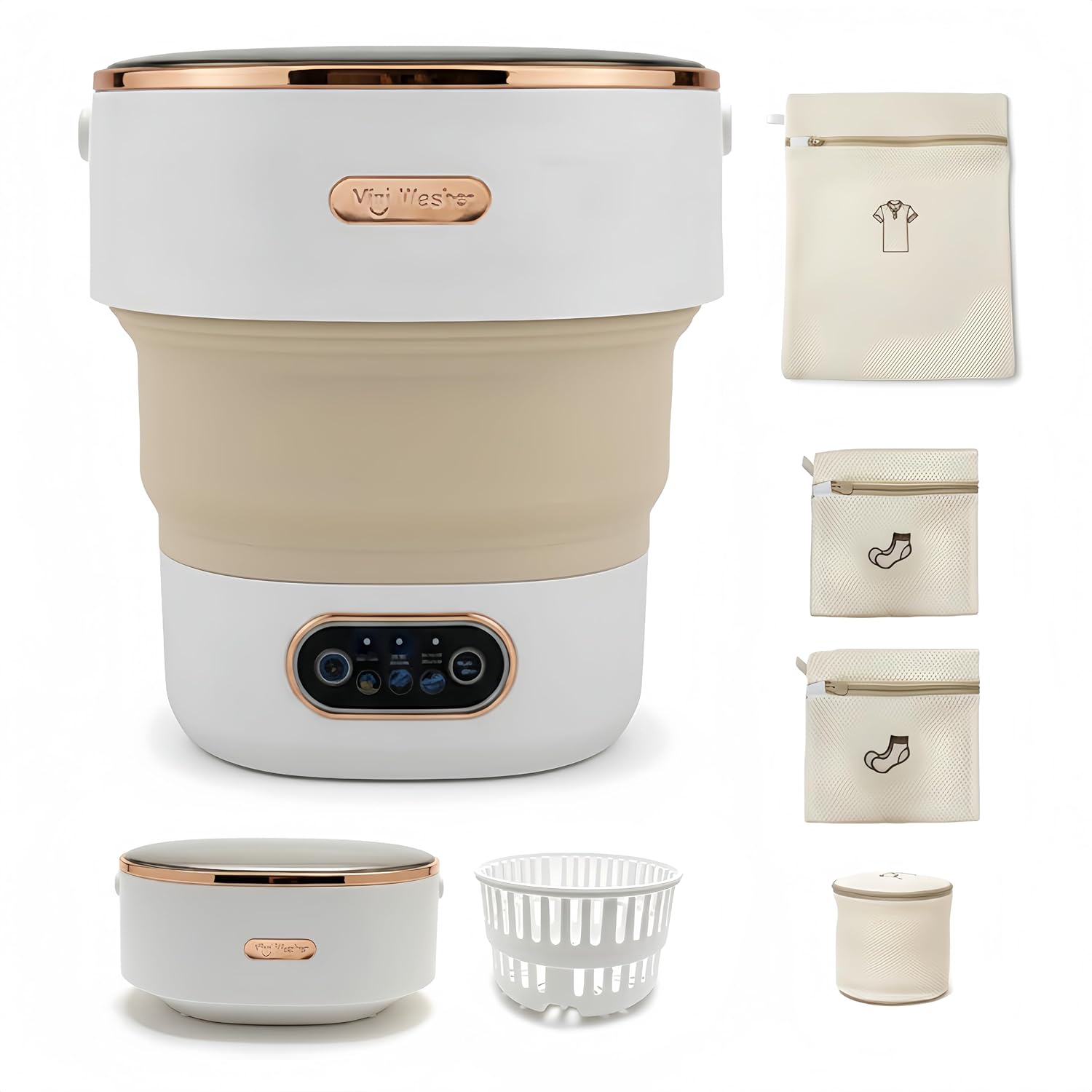 Portable Foldable Washing Machine, 13L Mini Washer with Spin Basket | For Socks, Underwear & Baby Clothes | Compact for Apartment, Dorm, Travel | Khaki