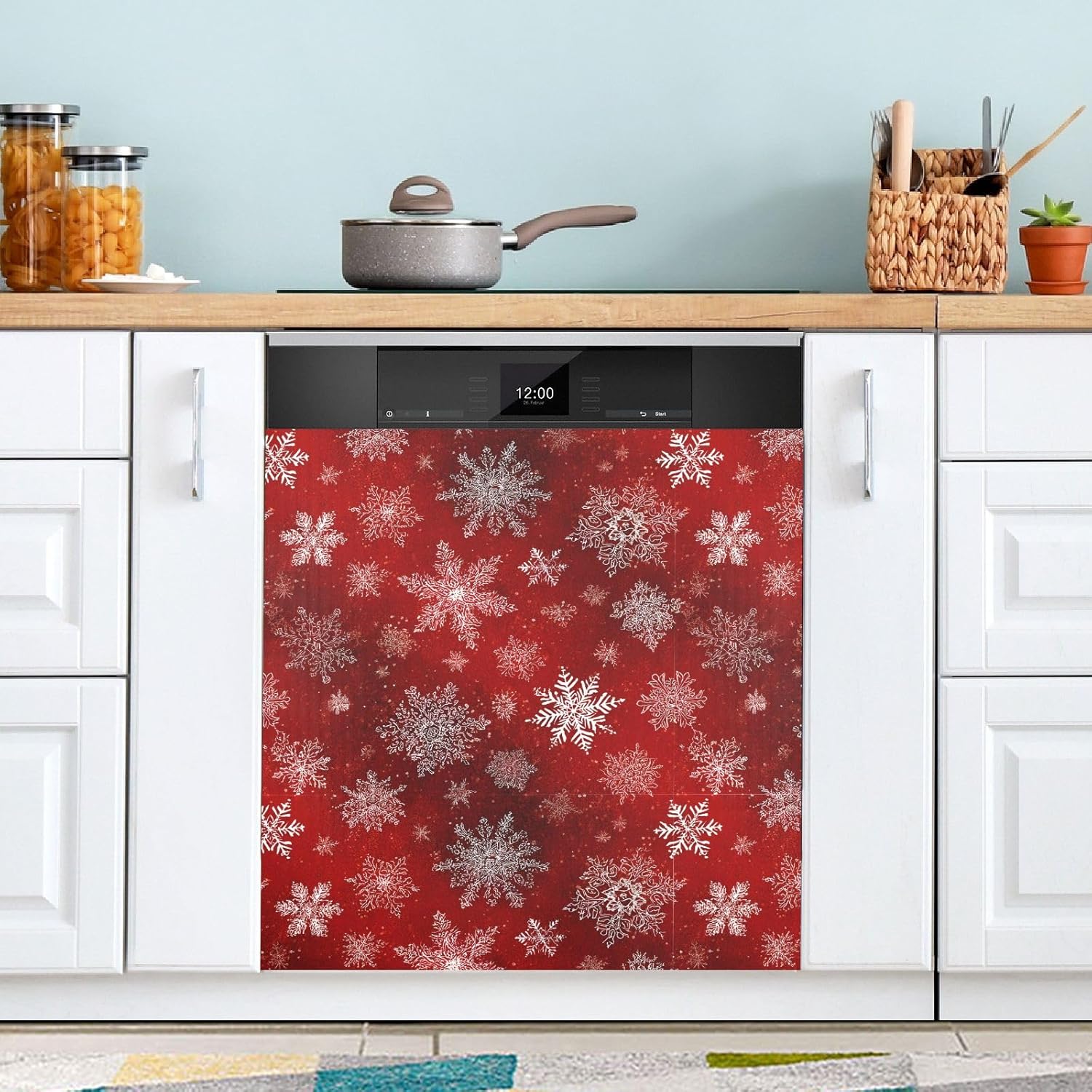 Pfrewn Christmas Winter Magnetic Dishwasher Cover Red Gold Snowflakes Christmas Flowers (9) Fridge Door Covers Kitchen Decal Vinyl Panel Decorative Refrigerator Laundry Appliances 23x26in