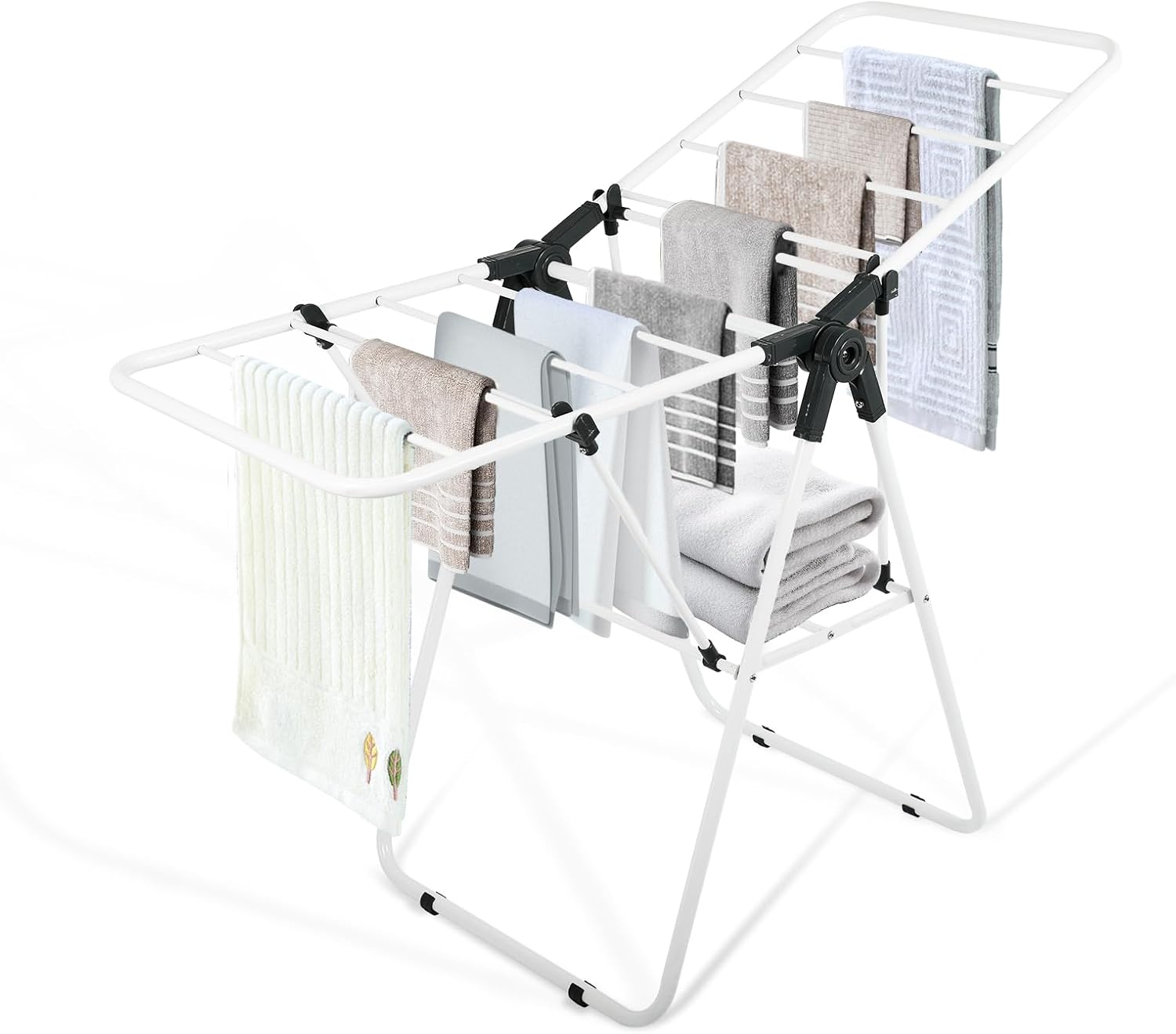 Clothes Drying Rack, Metal Foldable Laundry Drying Rack, with Adjustable Height Levels Wings, Space Saving, Indoor Outdoor Use, White Free-Standing Airer