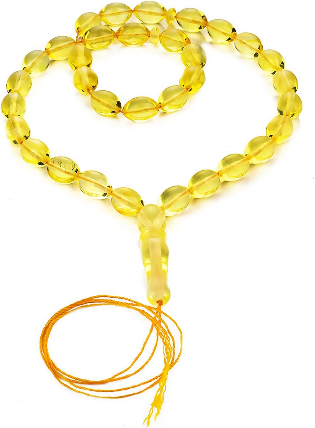Lemon Amber Prayer Beads – 33 Beads Islamic Tasbih – Handmade Natural Baltic Amber Misbaha – Polished Oval Shape – 15.4 Grams – 15 in Total Length – Gift for Him & Her