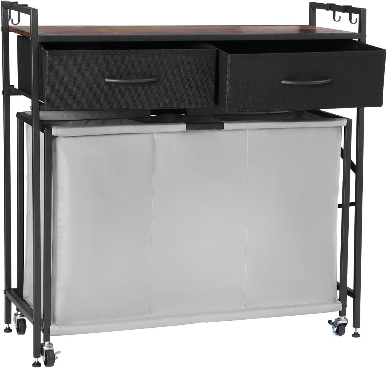 VEVOR 3 Section Laundry Sorter, Rolling Laundry Hamper with 2 Drawers, Hooks & Wheels, Rolling Basket Organizer Storage with Pull-Out Rolling Bags and Wooden Tabletop for Dirty Clothes, Bathroom