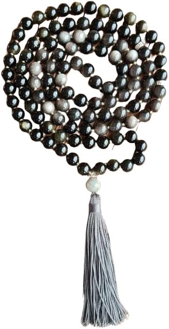 Natural Silver Golden Sheen Obsidian 8mm 108 Mala Beads, Spiritual, Meditation Beads, Reiki, Japa Mala, Buddhist Prayer Beads, Yoga Bracelet, healing beads LKMALA-RRGU-2719