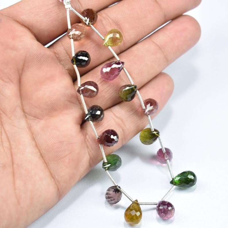 Natural Multi Tourmaline Teardrop Faceted Beads 7.5X10-8X12mm 8 inch Long String Jewelry Making Gemstone Beads for Necklace Bracelet