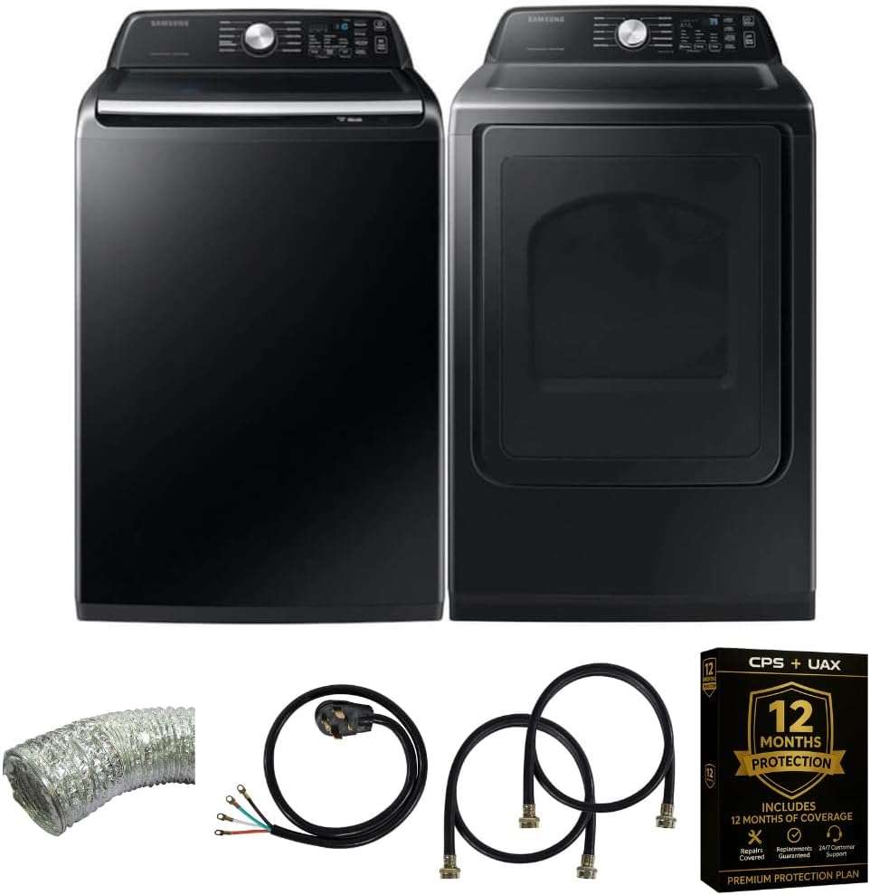 Samsung Smart 4.7 Cu Ft Top Load Washer & 7.4 Cu Ft Electric Dryer, Sensor Stops Overdrying, Low Vibration Quiet Wash, WaterJet w/Power Cords, Hoses, Vent Duct, 1 Year CPS Protection Bundle (Black)