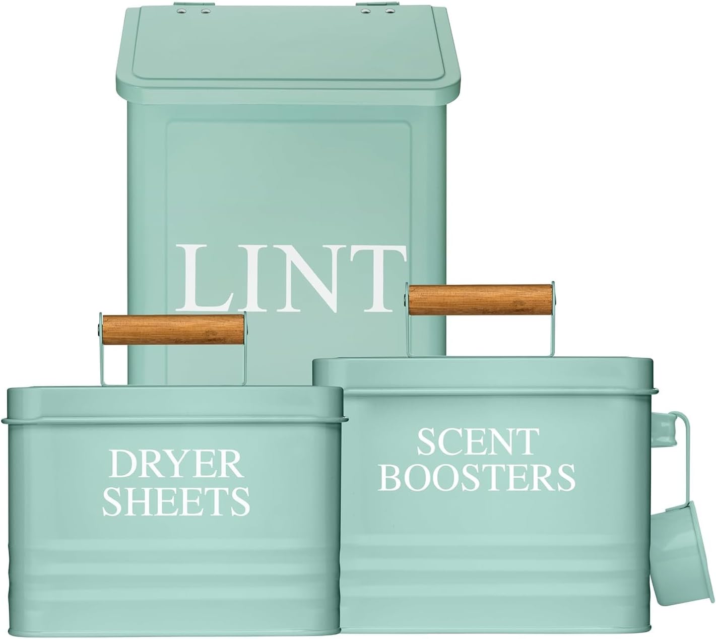 Calindiana Modern Farmhouse Lint Bin, Dryer Sheets Holder and Scent Boosters Container Bundle for Laundry Room Organization and Storage, Laundry Room Decor, Mint