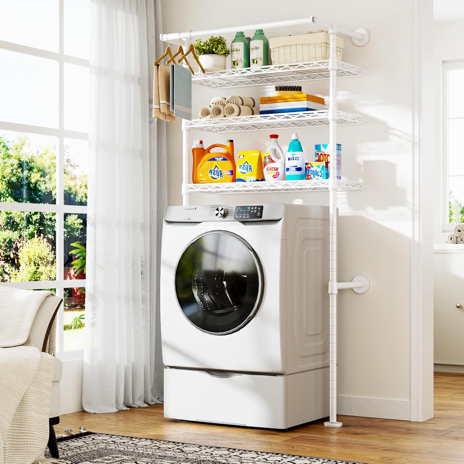 U17 Wall-Mounted Over The Washer Dryer Shelves Without Moving Machines, Laundry Room Rack with Adjustable Shelves and Hanger Rod, 35