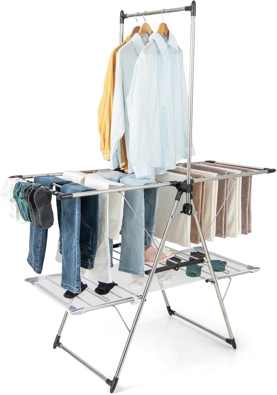 Giantex Clothes Drying Rack, Stainless Steel Foldable Laundry Drying Rack with with 6-Level Adjustable Height, High Hanger Design, Side Clips, Space Saving Collapsible Laundry Drying Rack