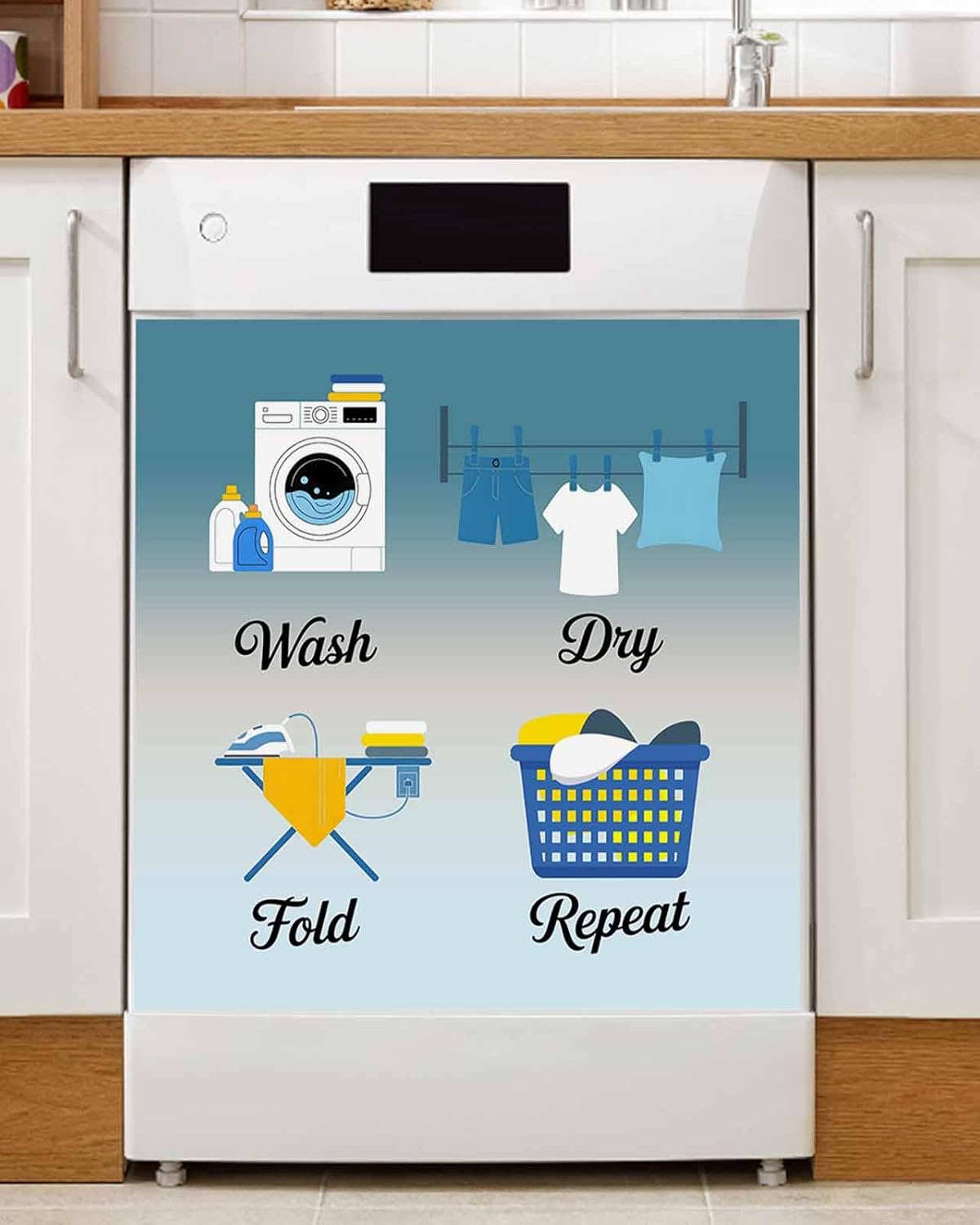 Blue Ombre Laundry Dishwasher Magnet Cover, Decorative Magnet Sticker for Home Kitcen Appliance, Wash Dry Fold Repeat Dishwasher Covers Refrigerator Magnets Panel Decal 23