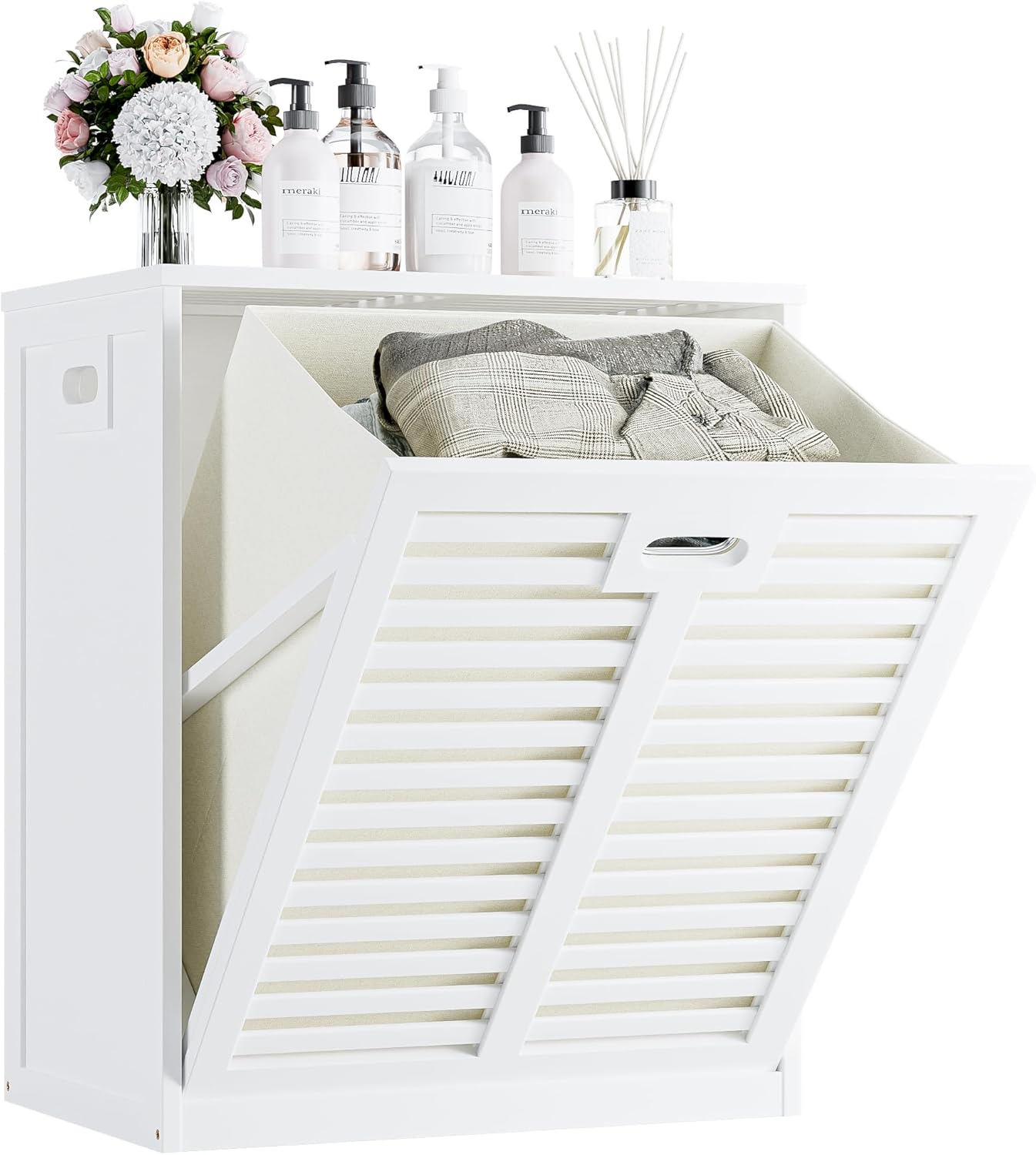 HITNET Tilt Out Laundry Hamper Cabinet, Bathroom Laundry Cabinet with 16 Gallon Clothes Basket, Space Saving Freestanding Bamboo Storage Organizer for Towels and Toys, White