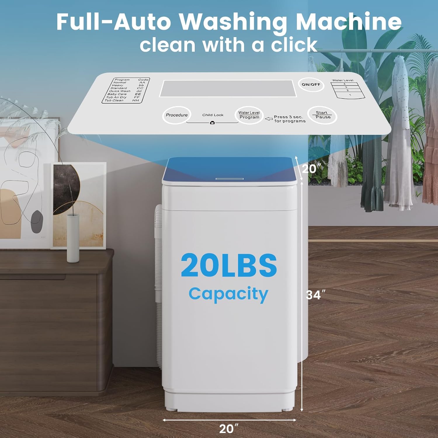 VCJ Portable Washing Machine, 20 Lbs Full-Automatic Portable Washer with 7 Wash Cycles, LED Display, Electric Laundry Machine for Apartment, RVs, Dorms