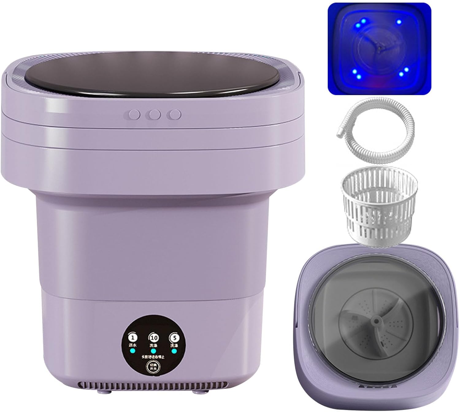 Portable Washing Machine Mini Washer with Drain Basket, Foldable Small Washer Deep Cleaning for Underwear, Socks, Baby Clothes, Travel, Camping, RV, Dorm, Apartment (Purple+Blue Light)