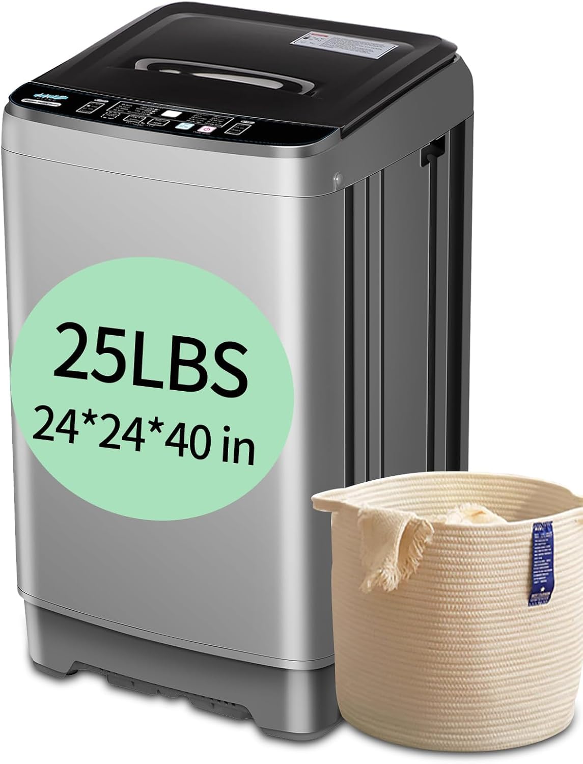 25 lbs Full Automatic Washing Machine with LED Display Compact Washing Machine with a Glass Cover Drain Dump, 10 Wash Programs and 8 Water Levels Ideal for Dorms, Apartments, RV, Grey