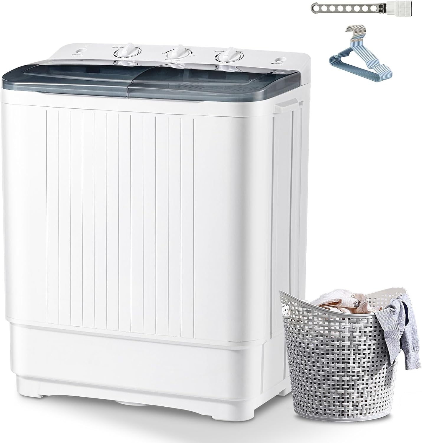 32lbs Twin Tub Mini Washing Machine, Portable Compact Laundry Washer with 20lbs Wash & 12lbs Spin Dry, Free Drying Rack & 10 Hangers, Easy Operation for Dorm, RV, Camping, Apartment