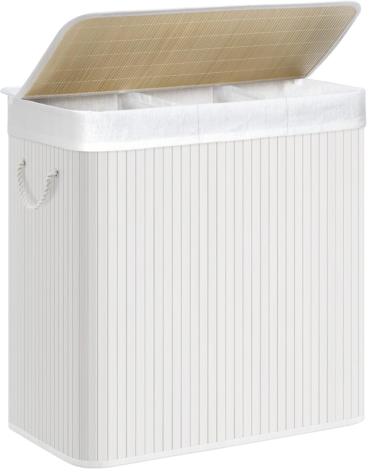 SONGMICS Laundry Hamper, 39.6 Gallons (150L), 3-Section Laundry Basket, Laundry Hamper with Lid, Bamboo, Foldable, Removable and Machine Washable Liner, for Laundry Room, Bedroom, White ULCB091W01