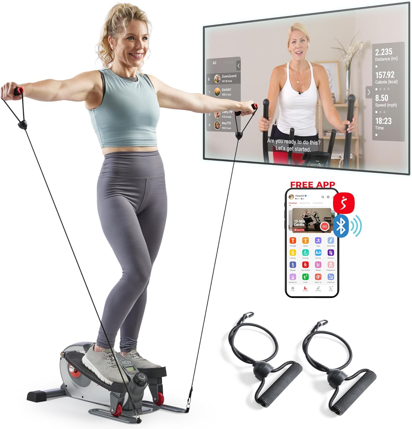 Sunny Health & Fitness Under Desk Elliptical Machine, Portable Sitting or Stand Peddler Exerciser for Seniors Home Office, SunnyFit App Access via Bluetooth with Optional Handlebar or Resistance Band