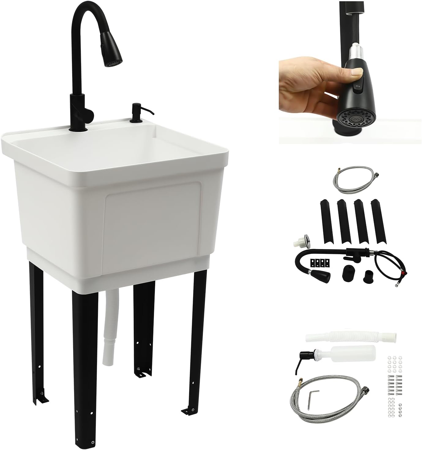 Home Laundry & Utility Sinks, Free Standing Laundry Sink with Soap Dispenser, Outdoor Sink Slop Sinks Laundry Tub Garage Sink for Washing Room (White)